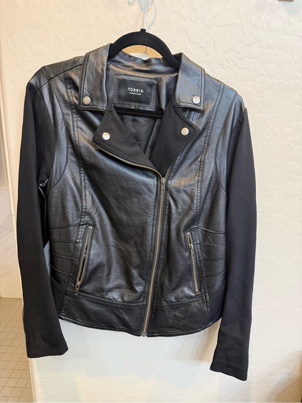 torrid Black Faux Leather Moto Jacket with Knit Sleeves - Zip Front